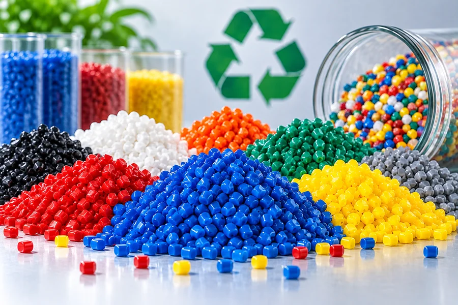 Colour masterbatch blended polymer granules in custom shade matches